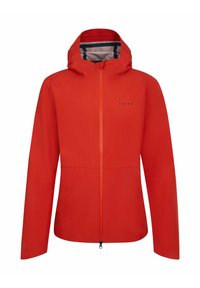 Giacca impermeabile rossa con cappuccio, chiusura con zip e polsini elastici. Presenta una texture liscia e un logo stampato sul petto.