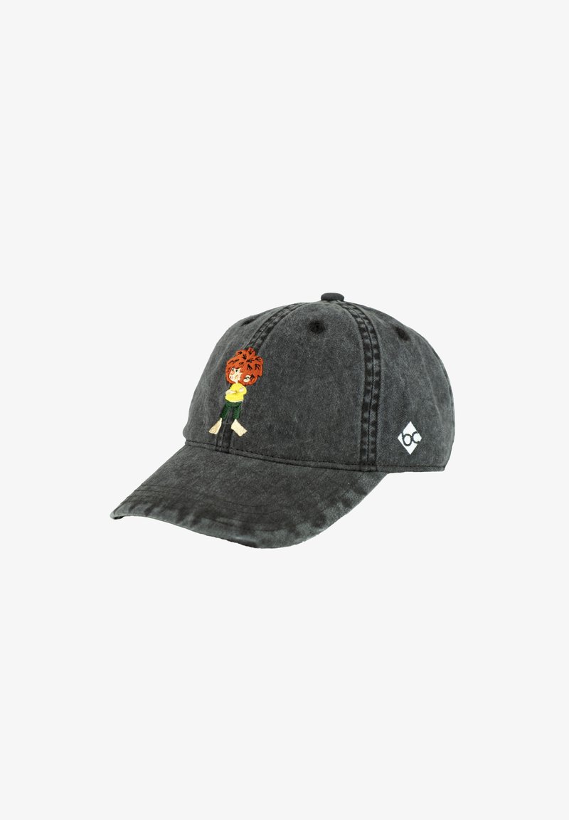 Dark gray baseball cap with embroidered cartoon character of a red-haired child in yellow shirt and green pants on front panel.