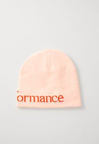 Light pink knit beanie with partial red text reading "formance" along the bottom edge, displayed on a white background.