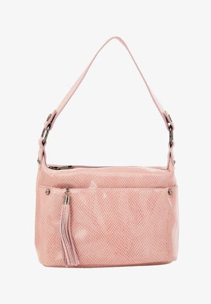 Różowa torebka z sztucznej skóry o teksturowanym wykończeniu, z zamkiem błyskawicznym, regulowanym paskiem oraz dekoracyjną frędzelką na przedniej kieszeni.