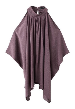 Purple loose-fit poncho with textured fabric, high neckline, and button closure at the back.