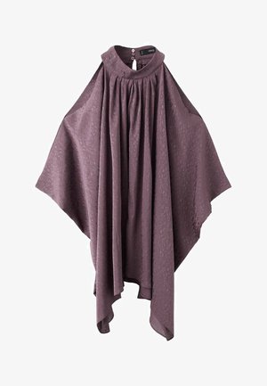 Lila locker sitzender Poncho mit strukturierter Stoffoberfläche, hohem Kragen und Knopfverschluss auf der Rückseite.