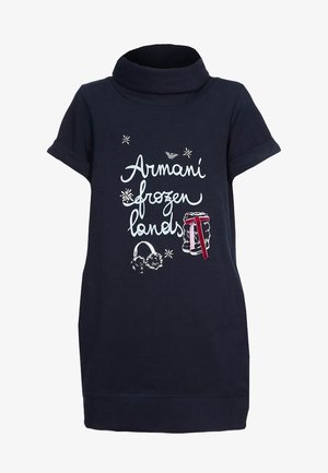 Robe courte manches courtes bleu marine avec col haut, ornée de textes blancs et de motifs graphiques d'hiver ainsi qu'un nœud décoratif.