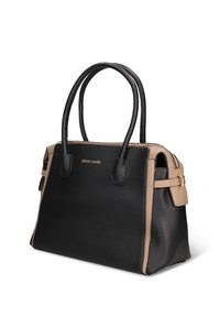 Borsa testurizzata nera e beige con due manici, chiusura con zip, dettagli dorati e forma rettangolare. Presenta un dettaglio con logo sulla parte anteriore.