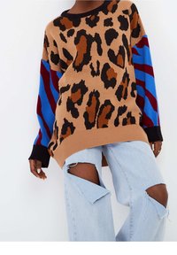 Pull tricoté avec un motif léopard marron, manches bleu et bordeaux, et poignets côtelés. Associé à un jean bleu clair déchiré avec des déchirures.