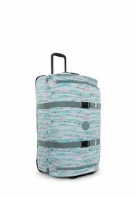 Rolkoffer met een mintgroen tropisch bladerenpatroon, blauwe accenten, twee zijriemen en een uitschuifbare handgreep voor gemakkelijk transport.