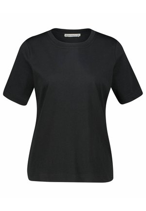 Black short-sleeve crew neck T-shirt with a straight cut and visible stitching on sleeves and hem, shown front-facing on a white background.