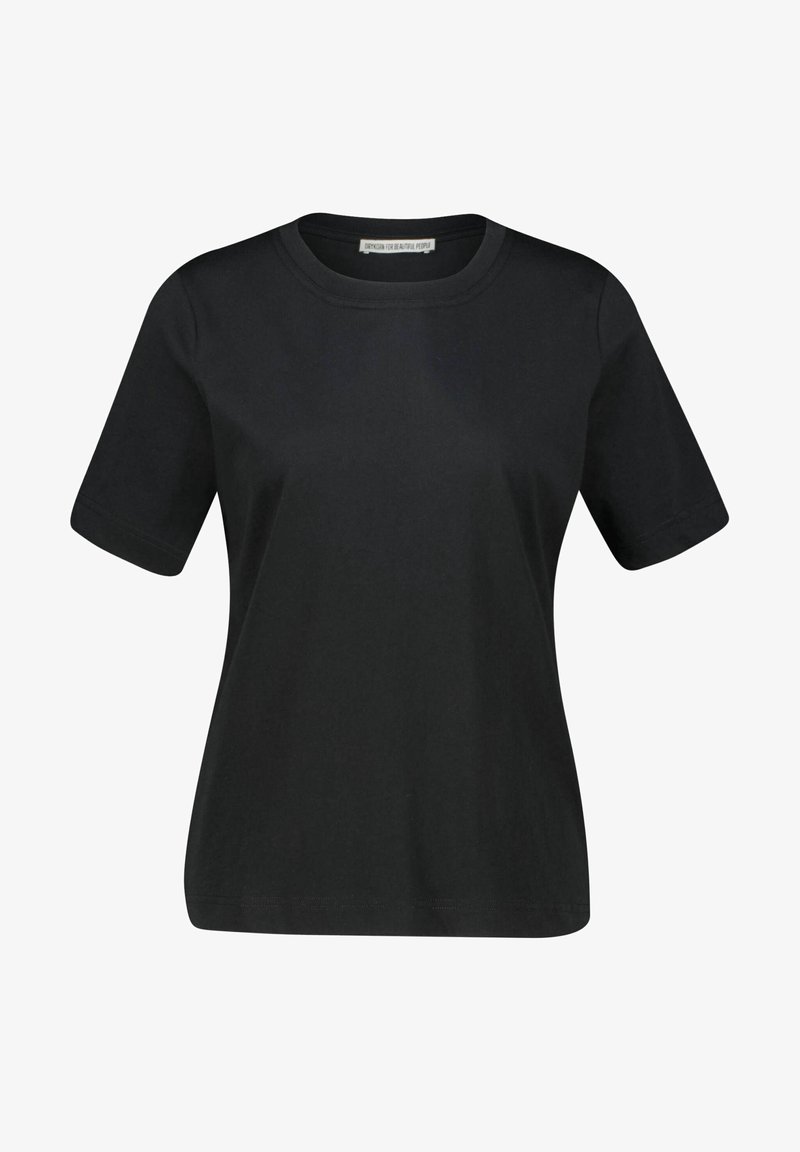 Schwarzes T-Shirt mit kurzen Ärmeln, Rundhalsausschnitt, geradem Schnitt und sichtbaren Nähten an Ärmeln und Saum, frontseitig auf weißem Hintergrund dargestellt.
