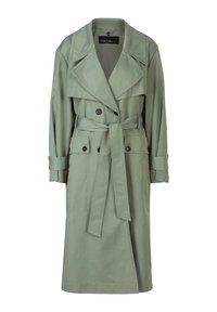 Trench-coat long vert clair avec larges revers, boutons croisés, ceinture à la taille et poches à rabat boutonnées.