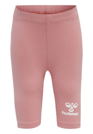 Różowe, dopasowane legginsy wykonane z elastycznego materiału. Zawierają biały logo graficzny na dolnej lewej stronie. Gładka faktura i długość do połowy uda.