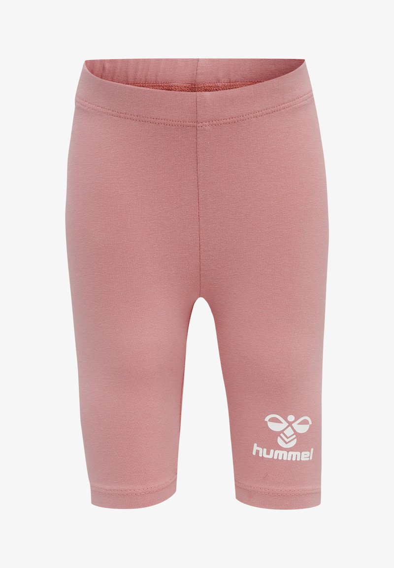 Rosa, tætsiddende leggings lavet af strækbart stof. Har et hvidt grafisk logo på nederste venstre side. Glat tekstur og længde til midt på låret.