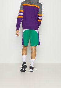 Felpa con cappuccio viola e grigia con strisce arancioni e bianche, abbinata a pantaloncini verdi con dettagli bianchi e viola. Scarpe sportive nere.