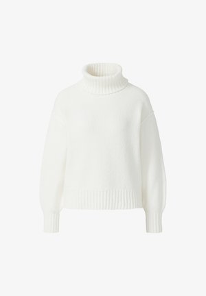 Maglione bianco a collo alto realizzato in un morbido tessuto testurizzato. Presenta polsini e orlo a costine, con una vestibilità ampia e spalle scese.