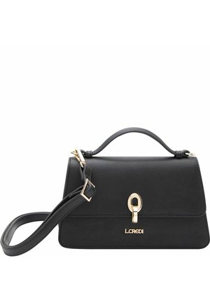 Borsa a tracolla in pelle nera con finitura texture, hardware color oro, manico superiore e tracolla regolabile. Presenta una chiusura anteriore a scatto.