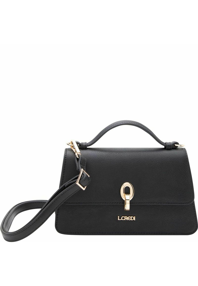 Borsa a tracolla in pelle nera con finitura texture, hardware color oro, manico superiore e tracolla regolabile. Presenta una chiusura anteriore a scatto.