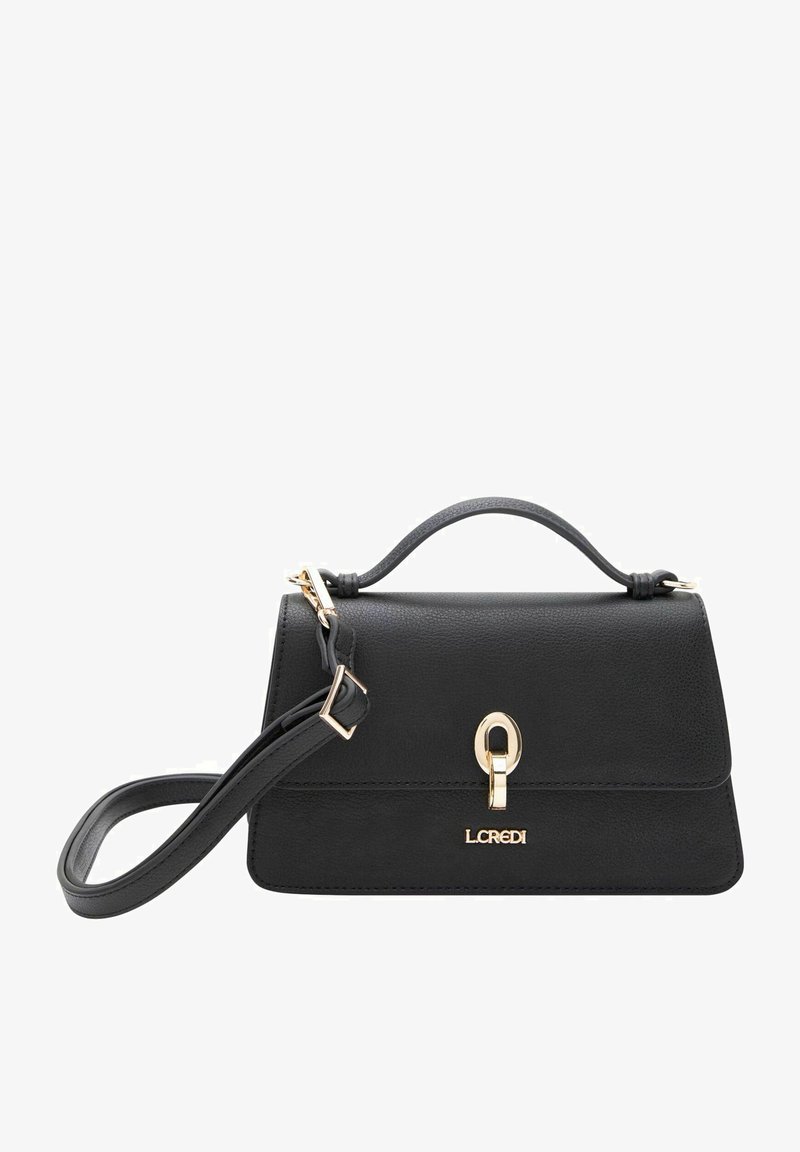 Borsa a tracolla in pelle nera con finitura texture, hardware color oro, manico superiore e tracolla regolabile. Presenta una chiusura anteriore a scatto.