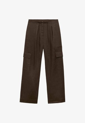 Rjave široke cargo hlače iz lanenega materiala. Imajo pas z vrvico in dve stranski žepni obliki. Gladka, teksturirana tkanina.