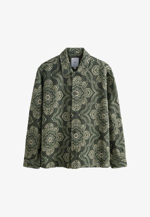 Vihreä kuvioitu takki, jossa on suuria kermaisia kukkakuoseja, napitettava etuosa ja terävä kaulus, valmistettu teksturoidusta kankaasta.