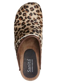 Leopard print clogs with a soft, textured upper, brown leather trim, and a cushioned insole featuring a logo.