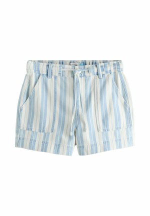 Shorts décontractés à rayures verticales bleu clair et blanc avec poches devant et taille à cordon.