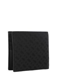 Portofel negru cu un model geometric texturat, confecționat din piele, având un design pliabil și multiple sloturi pentru carduri în interior.