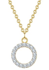 Guldhalsband med en cirkulär berlock prydd med klara rhinestones, som förstärker dess cirkulära form och reflektiv textur.