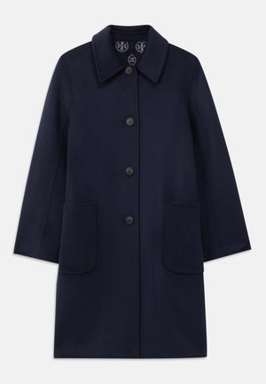 Navy wool coat with a collar, five-button front closure, two patch pockets, and a patterned lining. Tailored, straight-cut design.