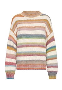 Pull rayé de différentes couleurs, y compris blanc, rose, bleu et vert. Tissu en tricot avec un col rond et des poignets côtelés.