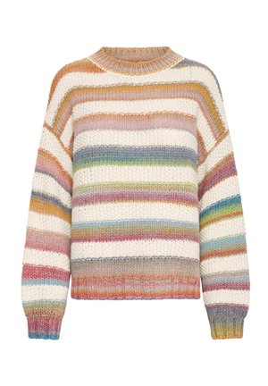 Suéter a rayas en varios colores, incluyendo blanco, rosa, azul y verde. Material de punto con cuello redondo y puños elásticos.