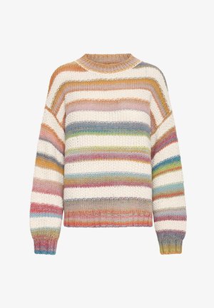 Pull rayé de différentes couleurs, y compris blanc, rose, bleu et vert. Tissu en tricot avec un col rond et des poignets côtelés.