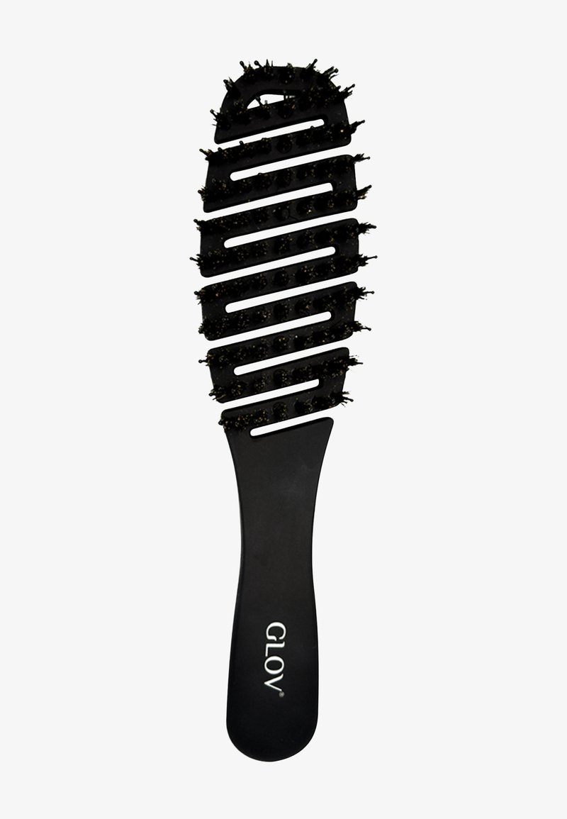 Brosse à cheveux noire ventilée avec poignée courbée étiquetée "GLOV" et poils espacés pour démêler et laisser circuler l'air.