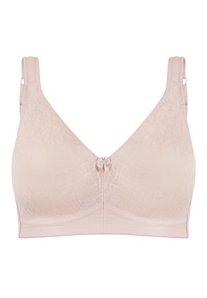 Miękki różowy biustonosz bez fiszbin z regulowanymi ramiączkami, subtelnym koronkowym wzorem i małą ozdobną kokardką z przodu na środku.
