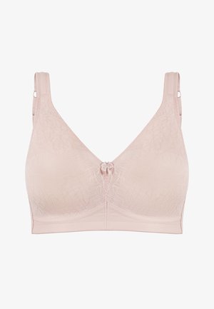 Miękki różowy biustonosz bez fiszbin z regulowanymi ramiączkami, subtelnym koronkowym wzorem i małą ozdobną kokardką z przodu na środku.