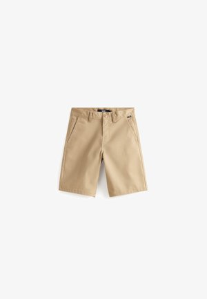 Beige knælange shorts med forlommer, bæltestropper, knaplukning og en lille Vans-brandlabel på højre side.