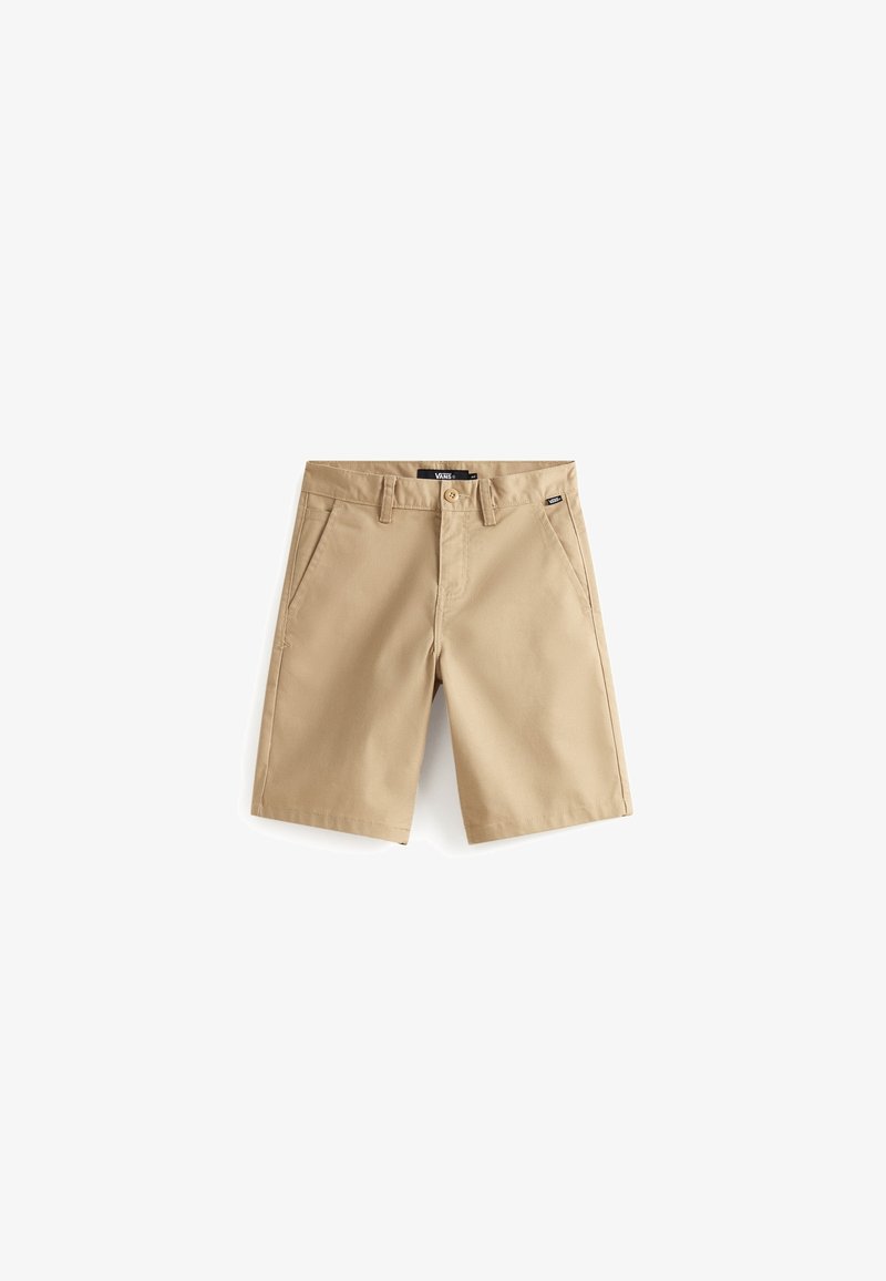 Short beige mi-long avec poches avant, passants pour ceinture, fermeture à bouton, et une petite étiquette de la marque Vans sur le côté droit.