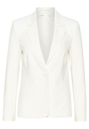 Bijela blejzer jakna s izrezanim reverom, jednim gumbom, dva prednja džepa i dugim rukavima. Glatka tkanina s krojem koji pristaje.