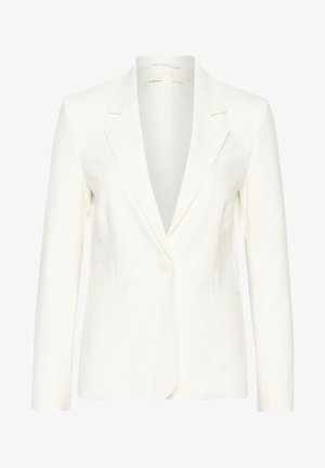 Bijela blejzer jakna s izrezanim reverom, jednim gumbom, dva prednja džepa i dugim rukavima. Glatka tkanina s krojem koji pristaje.
