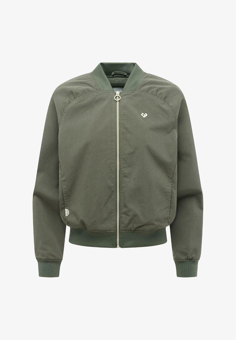 Olivengrønn bomberjakke med frontglidelås, ribbekrage, mansjetter og kant, samt liten hvit logo på brystet og nær kanten.