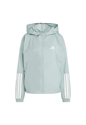 Vaaleanvihreä vetoketjullinen takki, jossa on huppu, ja olkapäillä valkoiset kolmiopaisteraitat sekä pieni valkoinen logo rinnassa. Sileä pinta.