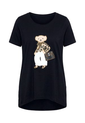 Black short-sleeve shirt with a teddy bear wearing leopard print jacket, white pants, brown shoes, and holding a brown handbag.