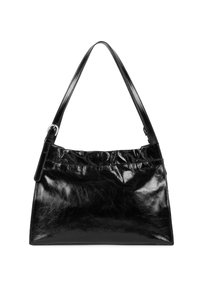Borsa in pelle nera con design a cima arricciata, tracolla lunga e texture lucida. Forma rettangolare con accenti hardware minimal.