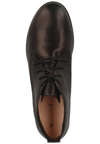 Schwarze Leder-Schnürschuhe mit glatter Oberfläche, abgerundeter Zehenpartie und dezenten Nahtdetails. Innenfutter ist tan.