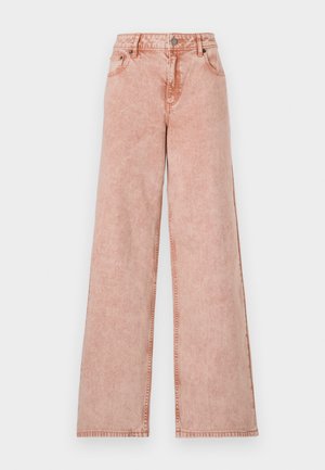 Light pink wide-leg jeans in faded denim fabric. Features five pockets and contrasting stitching. Classic button and zip fly closure.
