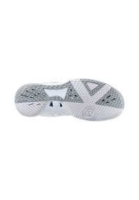 Sola de sapatilha desportiva branca com um padrão texturizado e realces cinzentos. Inclui a marca "Kempa" e um logótipo circular na área do calcanhar.