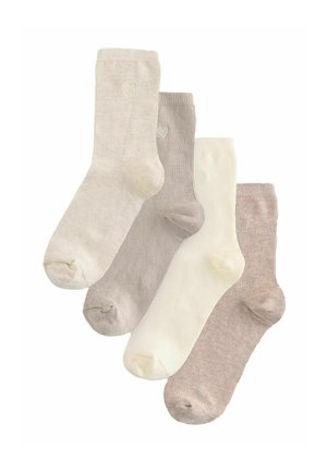 Ensemble de quatre paires de chaussettes dans différentes nuances neutres : crème, beige et brun clair. Texture côtelée avec un petit motif de cœur près de la cheville.