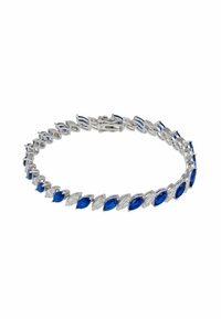 Silver bracelet featuring alternating marquise-cut blue and clear gemstones, linked with smooth metallic accents and a secure clasp.