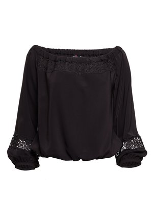Czarna bluzka bez ramiączek z marszczonym dekoltem, koronkowymi ozdobami na klatce piersiowej i rękawach, oraz elastycznymi mankietami. Gładki materiał.