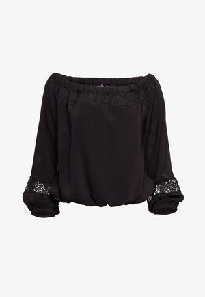 Czarna bluzka bez ramiączek z marszczonym dekoltem, koronkowymi ozdobami na klatce piersiowej i rękawach, oraz elastycznymi mankietami. Gładki materiał.