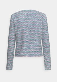 Langærmet sweater i flerfarvet vævet stof med horisontale striber i blå, grøn, pink og hvid. Rund halsudskæring og tætsiddende pasform.