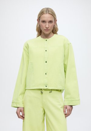 Žena s dlouhými blond vlasy má na sobě světle zelenou bundu na knoflíky a odpovídající kalhoty, stojí před jednobarevným světlým pozadím, čelem k nám.